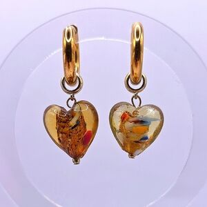 Goldtone Heart Art Glass  Drop Huggie Hoop Style Earrings